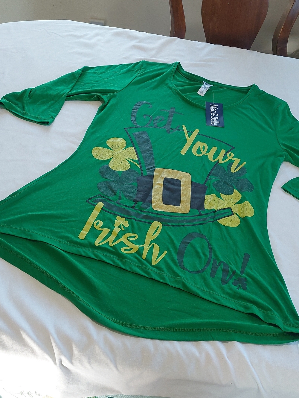 Mac & Belle Green "Get Your Irish On" Long Tee Shirt .Size Small